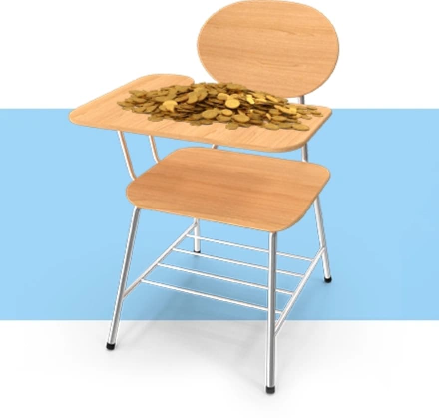 Pile of gold coins on a student's desk